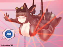 Rule 34 | 1girl, ass, black hair, blunt bangs, blush, bodysuit, bow, breasts, catsuit, caught, cleavage, goggles, goggles on head, hair bow, hanging from ceiling, highres, hime cut, large breasts, laser, last origin, long hair, night-vision device, open bodysuit, open clothes, orangegoon, purple eyes, shirayuri (last origin), solo, sweatdrop, twitter username, wavy mouth