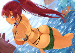 Rule 34 | 10s, 1girl, absurdres, ass, back, bellows (suisei no gargantia), bikini, blue eyes, blush, breasts, clothes pull, earrings, female focus, haruno shuu, highres, huge breasts, jewelry, large breasts, long hair, ponytail, red hair, shorts, shorts pull, shue, solo, suisei no gargantia, swimsuit, tan, tanline, thighs, thong bikini, water, wide hips