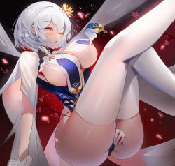 Rule 34 | 1girl, areola slip, azur lane, blush, braid, breast curtain lift, breast curtains, breasts, china dress, chinese clothes, dress, female masturbation, flower, gloves, hair between eyes, hair ornament, kuroha (rockluo213), large breasts, looking at viewer, masturbation, nipple slip, nipples, red eyes, revealing clothes, short hair, sirius (azur lane), sirius (azure horizons) (azur lane), solo, thighhighs, white gloves, white hair, white thighhighs