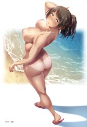 Rule 34 | 1girl, absurdres, arched back, ass, beach, bikini tan, blue eyes, breasts, brown hair, dimples of venus, flip-flops, from above, from behind, full body, hair ribbon, highres, large breasts, looking back, looking up, nipples, nude, oohara kyuutarou, outdoors, parted lips, ponytail, revealing tanlines, ribbon, sandals, scan, short ponytail, solo, tan, tanline, tanlines, wet