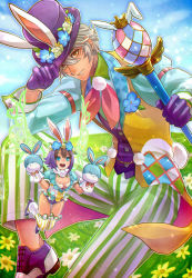 Rule 34 | animal ears, aqua eyes, arm belt, boutonniere, breasts, brown hair, chain, cleavage, collared shirt, commentary request, ear piercing, easter egg, echo (mff), egg, fairy, fairy wings, final fantasy, flower, flying, gloves, green wings, grey hair, hand puppet, hat, hat tip, head wreath, lapels, meadow, mobius final fantasy, multicolored clothes, multicolored hair, open mouth, payu (pyms11), piercing, puppet, purple footwear, purple gloves, purple hair, purple hat, rabbit ears, rabbit tail, shawl lapels, shirt, short hair, small breasts, smile, sparkle, striped clothes, striped legwear, striped thighhighs, tail, thighhighs, top hat, two-tone hair, vertical-striped clothes, vertical-striped thighhighs, vest, wand, wings, wol, yellow eyes