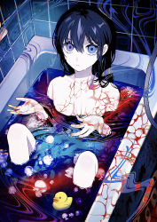 Rule 34 | 1girl, absurdres, ambiguous red liquid, bathtub, blue eyes, blue hair, blue theme, chromatic aberration, closed mouth, distortion, expressionless, highres, looking at viewer, original, pale skin, partially submerged, red theme, ringed eyes, rubber duck, sakuma kou, solo, tile wall, tiles, water