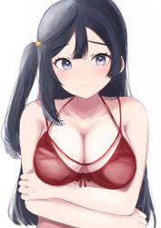 Rule 34 | 1girl, :t, absurdres, arms under breasts, bikini, black hair, breasts, cleavage, closed mouth, commentary, crossed arms, front-tie bikini top, front-tie top, grey eyes, highres, large breasts, light blush, long hair, looking at viewer, love live!, love live! nijigasaki high school idol club, one side up, pout, red bikini, simple background, solo, sunya (honorin-yuunibo), swimsuit, tsurime, upper body, white background, yuki setsuna (love live!)
