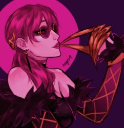 Rule 34 | artist name, bare shoulders, breasts, choker, claireiosity, claws, closed mouth, collarbone, ear piercing, earrings, evelynn (league of legends), eyebrows, eyelashes, eyeshadow, finger to mouth, fur trim, hair between eyes, hair ornament, highres, jewelry, k/da (league of legends), league of legends, leotard, lips, lipstick, long hair, looking at viewer, makeup, medium breasts, pale skin, piercing, pink background, pink hair, ponytail, portrait, profile, purple background, red-tinted eyewear, red-tinted glasses, strapless, strapless leotard, sunglasses, tinted eyewear, tumblr username, two-tone background, watermark, yellow eyes