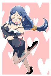 Rule 34 | 10s, 1girl, alternate costume, blue hair, blush, breasts, cleavage, glasses, heart, heart background, high heels, little witch academia, long hair, onnaski, open mouth, pale skin, pink background, ponytail, round eyewear, skirt, smile, solo, standing, strap slip, thighhighs, ursula callistis