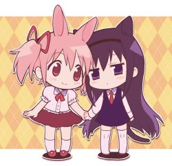 Rule 34 | 1gsrgnk, 2girls, akemi homura, alternate costume, animal ears, blush, bow, bowtie, cat ears, chibi, eye contact, full body, hair ribbon, hairband, head tilt, highres, holding hands, kaname madoka, long hair, looking at another, looking to the side, mahou shoujo madoka magica, mahou shoujo madoka magica (anime), multicolored background, multiple girls, outstretched arms, ribbon, skirt, smile, socks, thighhighs, twintails, white background, white socks, white thighhighs