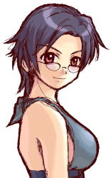 Rule 34 | 00s, 1girl, bare shoulders, blue hair, chie hallard, from side, glasses, halterneck, harada chie, looking at viewer, looking over eyewear, my-hime, my-otome, red eyes, short hair, simple background, smile, solo, thick outline, white background
