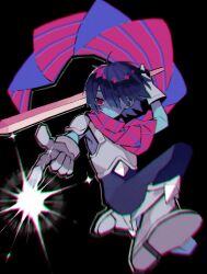 Rule 34 | 1other, armor, black background, black hair, blue pants, blue skin, boots, breastplate, closed eyes, colored skin, deltarune, finger gun, frown, full body, gloves, grey armor, grey footwear, grey shirt, hair over one eye, highres, holding, holding sword, holding weapon, kris (deltarune), loose hair strand, outstretched leg, over shoulder, pants, pointing, red eyes, red scarf, scarf, shaded face, shirt, short hair, solo, sparkle, striped clothes, striped scarf, sword, takenaka (takenaka1111), vertical-striped clothes, vertical-striped scarf, weapon, weapon over shoulder, white gloves