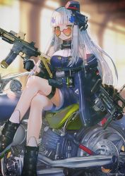 Rule 34 | 1girl, assault rifle, beret, blurry, blurry background, blush, boots, breasts, buckle, choker, crossed legs, dress, dual wielding, feet out of frame, german flag, girls&#039; frontline, gloves, green eyes, grenade launcher, gun, h&amp;k hk416, hanato (seonoaiko), hat, headgear, heart, heart-shaped eyewear, heckler &amp; koch, highres, hk416 (girls&#039; frontline), hk416 (mod3) (girls&#039; frontline), holding, jacket, long hair, looking at viewer, magazine (weapon), mod3 (girls&#039; frontline), name tag, on motorcycle, open clothes, open jacket, orange-tinted eyewear, parted lips, pleated skirt, purple dress, rifle, shoes, sidelocks, silver hair, sitting, skirt, snap-fit buckle, solo, sunglasses, thigh strap, tinted eyewear, trigger discipline, twitter username, weapon, white dress, white gloves, yellow-tinted eyewear