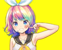 Rule 34 | 1girl, armpits, blue eyes, blush, commentary request, dot nose, finger to cheek, hair ribbon, headphones, kagamine rin, looking at viewer, multicolored hair, nishizawa, rainbow hair, redrawn, ribbon, short hair, smile, vocaloid, white ribbon, yellow background