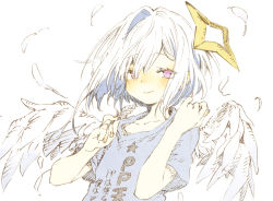 Rule 34 | 1girl, abara heiki, alternate costume, amane kanata, angel wings, blue hair, blue shirt, blush, bob cut, casual, closed mouth, clothes writing, colored inner hair, commentary, eyelashes, feathers, flat chest, hair between eyes, halo, holding, holding feather, hololive, looking at viewer, multicolored hair, purple eyes, shirt, short hair, short sleeves, simple background, single hair intake, smile, solo, star halo, streaked hair, t-shirt, traditional media, two-tone hair, upper body, virtual youtuber, white background, white hair, wings