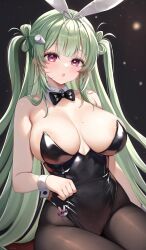 Rule 34 | 1girl, absurdres, animal ears, black bow, black bowtie, black leotard, blush, bow, bowtie, breasts, detached collar, fake animal ears, goddess of victory: nikke, green hair, highres, large breasts, leotard, long hair, looking at viewer, mole, narijade, open mouth, pantyhose, playboy bunny, purple eyes, rabbit ears, soda, soda (nikke), soda (twinkling bunny) (nikke), solo, wrist cuffs