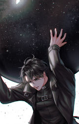 Rule 34 | 1boy, arms up, aura draws, black coat, black hair, black shirt, black theme, chromatic aberration, coat, commentary, english commentary, grey eyes, holding orb, long sleeves, male focus, night, night sky, omniscient reader&#039;s viewpoint, open clothes, open coat, orb, shirt, short hair, simple background, sky, solo, standing, star (sky), starry sky, upper body, white background, yoo joonghyuk