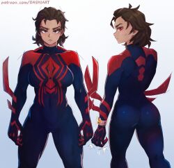 Rule 34 | 1girl, ass, bodysuit, bracelet, breasts, brown eyes, brown hair, dashi (dashiart), frown, genderswap, genderswap (mtf), highres, impossible bodysuit, impossible clothes, jewelry, marvel, medium breasts, miguel o&#039;hara, red eyes, spider-man: across the spider-verse, spider-man (2099), spider-man (series), spider-verse, superhero costume, thighs, toned, watermark, web address