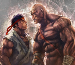 Rule 34 | 2boys, bald, black hair, boyaking, capcom, eye contact, eyepatch, headband, looking at another, male focus, multiple boys, muscular, ryu (street fighter), sagat, scar, topless male, spiked hair, staring, street fighter, upper body, white eyes