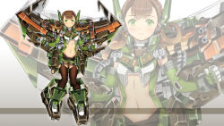 Rule 34 | 1girl, absurdres, bad id, bad pixiv id, black hair, clenched hands, clothing cutout, dual wielding, garimpeiro, green eyes, hair rings, highres, holding, holding weapon, mecha musume, navel, original, science fiction, smile, solo, stomach cutout, thighhighs, weapon, zoom layer