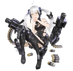 Rule 34 | 1girl, absurdres, ahoge, arm strap, artist name, black hair, blush, breasts, cleavage, crossed bangs, crying, destroyer (girls&#039; frontline), dress, explosive, garter belt, girls&#039; frontline, grenade, hair between eyes, hair ornament, half-closed eyes, highres, long hair, looking at viewer, mecha musume, mechanical legs, multicolored hair, open mouth, sharp teeth, silver hair, simple background, sitting, skin tight, sleeveless, sleeveless dress, small breasts, sohn woohyoung, solo, teardrop, teeth, twintails, white background, yellow eyes