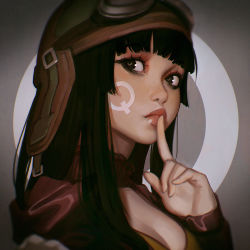 Rule 34 | 1girl, aviator cap, black hair, blunt bangs, breasts, brown eyes, chromatic aberration, cleavage, cleavage cutout, clothing cutout, facial tattoo, finger to mouth, goggles, goggles on head, ilya kuvshinov, lips, long hair, looking at viewer, medium breasts, original, parody, portrait, simple background, solo, tattoo, upper body