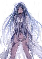 Rule 34 | 1girl, aoki (fumomo), bathrobe, blue hair, chidori kaname, clenched hands, clenched teeth, cowboy shot, determined, full metal panic!, long hair, looking at viewer, midriff, navel, panties, rain, red eyes, simple background, sketch, solo, teeth, torn clothes, underwear, white background, white panties