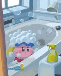 Rule 34 | :o, bathtub, blue eyes, blush, blush stickers, bottle, bubble, bubble kirby, cleaning, commentary request, full body, highres, holding, holding sponge, indoors, kirby, kirby (series), miclot, nintendo, no humans, parted lips, red footwear, shoes, shower cap, shower curtain, soap bubbles, sponge, spray bottle, standing, star (symbol), stool, window