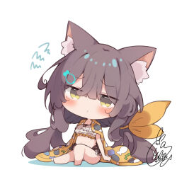 1girl animal_ear_fluff animal_ears bare_legs barefoot beni_shake bikini blush brown_hair cat_ears cat_girl cat_tail chibi closed_mouth colored_shadow commentary_request fish_hair_ornament full_body hair_between_eyes hair_ornament hair_ribbon knee_up long_hair looking_at_viewer low_twintails reverseblue_x_re-birthend ribbon shadow signature simple_background sitting solo swimsuit tail twintails very_long_hair white_background white_bikini wrap_towel xion_(reverseblue) yellow_eyes yellow_ribbon