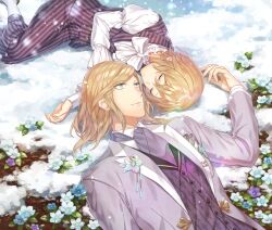 Rule 34 | 2boys, aged down, ascot, blonde hair, blue eyes, blue flower, bow, bowtie, camus (uta no prince-sama), closed eyes, closed mouth, collared shirt, dual persona, feet out of frame, flower, formal, frilled shirt collar, frills, grey jacket, hair between eyes, hand up, jacket, juliet sleeves, lapel pin, lapels, long sleeves, looking at another, lying, male focus, medium hair, multiple boys, on back, on ground, on side, open clothes, open jacket, pants, parted lips, peaked lapels, pinstripe pattern, pinstripe vest, pocket square, puffy sleeves, purple ascot, purple flower, purple pants, purple vest, rotational symmetry, shirt, short hair, smile, snow, snowing, socks, striped clothes, striped pants, striped vest, swept bangs, tubame-hien, upper body, uta no prince-sama, vertical-striped clothes, vertical-striped pants, vertical-striped vest, vest, white bow, white bowtie, white flower, white shirt, white socks