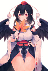 Rule 34 | 1girl, bird wings, black hair, black wings, breasts, clothes between thighs, cowboy shot, feathered wings, hair between eyes, hand fan, hat, hauchiwa, highres, holding, holding fan, japanese clothes, kourindou tengu costume, large breasts, long sleeves, obi, open mouth, pointy ears, pom pom (clothes), red eyes, red hat, ribbon-trimmed sleeves, ribbon trim, sash, shameimaru aya, short hair, simple background, solo, tama (soon32281), tokin hat, touhou, white background, wide sleeves, wings