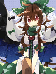 Rule 34 | 1girl, black bow, blue background, bow, breasts, brown hair, cape, commentary request, control rod, earmuffs, green bow, green skirt, hair between eyes, hair bow, highres, long hair, medium breasts, nikorashi-ka, polka dot, polka dot background, pom pom (clothes), red eyes, reiuji utsuho, shirt, short sleeves, skirt, solo, starry sky print, touhou, two-sided cape, two-sided fabric, upper body, white shirt