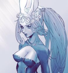 Rule 34 | 1girl, animal ears, blue theme, breasts, cleavage, cleavage cutout, clothing cutout, final fantasy, final fantasy xii, fran (ff12), head wreath, long hair, looking at viewer, medium breasts, monochrome, parted bangs, parted lips, ponytail, rabbit ears, rabbit girl, sideboob, siotomato, solo, upper body, viera