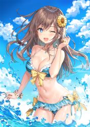 Rule 34 | 1girl, ;d, bikini, blue bikini, blue eyes, blue sky, bracelet, braid, breasts, brown hair, cleavage, cloud, cloudy sky, commentary request, day, flower, flower on head, frilled bikini, frills, hair between eyes, hair flower, hair ornament, hand up, highres, jewelry, legs together, long hair, looking at viewer, medium breasts, momoko (momopoco), navel, one eye closed, open mouth, original, outdoors, pixivision, ribbon, ring, side braid, sky, smile, solo, striped bikini, striped clothes, sunflower, sunflower hair ornament, swimsuit, teeth, thighs, wading, water, wet