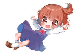 Rule 34 | 1girl, blue dress, bow, brown eyes, brown footwear, brown hair, chest bow, chibi, chibi only, child, commentary request, dress, fang, highres, hoshino hinata, kneehighs, long sleeves, one side up, open mouth, red bow, school uniform, simple background, socks, solo, v, watashi ni tenshi ga maiorita!, white background, white sleeves, white socks, xhfn4743