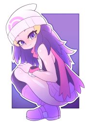 Rule 34 | 1girl, absurdres, beanie, blue eyes, blush, boots, border, creatures (company), dawn (pokemon), from side, game freak, hair ornament, hairclip, hands on own knees, hat, highres, kaikoinu, looking at viewer, nintendo, outline, poke ball, pokemon, pokemon dppt, purple background, purple hair, scarf, skirt, smile, socks, solo, squatting, watch, white border, wristwatch