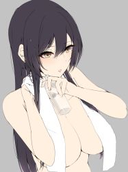Rule 34 | 1girl, bare shoulders, black hair, bottle, breasts, cleavage, earrings, from above, grey background, hair between eyes, highres, holding, holding bottle, idolmaster, idolmaster shiny colors, jewelry, large breasts, long hair, parted lips, ryuu., shirase sakuya, towel, water, water bottle, yellow eyes