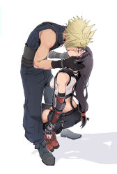 Rule 34 | 1boy, 1girl, arm guards, bare shoulders, black gloves, black hair, black skirt, black sports bra, black thighhighs, blonde hair, blue pants, blue sweater, boots, breasts, closed eyes, cloud strife, commentary, couple, crop top, earrings, elbow gloves, english commentary, final fantasy, final fantasy vii, final fantasy vii rebirth, final fantasy vii remake, fingerless gloves, full body, glint, gloves, grey footwear, hands on another&#039;s head, hetero, highres, invisible chair, jewelry, kiss, large breasts, light blush, long hair, low-tied long hair, midriff, pants, pudelmudel, red footwear, ribbed sweater, single earring, sitting, skirt, sleeveless, sleeveless turtleneck, spiked hair, sports bra, standing, suspender skirt, suspenders, sweater, tank top, teardrop earring, thighhighs, tifa lockhart, turtleneck, turtleneck sweater, white background, white tank top, zettai ryouiki