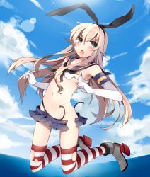 Rule 34 | 10s, 1girl, :o, black eyes, blonde hair, blush, breasts, chestnut mouth, cloud, day, elbow gloves, gloves, hair ribbon, highres, ichinose yukino, kantai collection, long hair, microskirt, navel, ocean, panties, personification, revealing clothes, ribbon, shimakaze (kancolle), skirt, sky, small breasts, socks, solo, striped clothes, striped socks, striped thighhighs, thighhighs, torn clothes, underboob, underwear, wardrobe malfunction