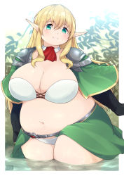 Rule 34 | 1girl, aqua eyes, armor, artist name, black gloves, blonde hair, blurry, blurry background, blush, border, bra, breasts, character request, cleavage, commentary request, commission, copyright request, cowboy shot, crossed bangs, detached collar, fat, gloves, hair between eyes, heo (tkgm), highres, huge breasts, large breasts, leaf, long hair, looking at viewer, navel, open mouth, outside border, panties, partially submerged, pixiv commission, pointy ears, shoulder armor, sidelocks, solo, tareme, thick thighs, thighs, underwear, waist cape, water, white border, white bra, white panties