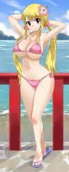 Rule 34 | 1girl, absurdres, beach, bikini, blonde hair, breasts, curvy, fairy tail, female focus, highres, large breasts, looking at viewer, lucy heartfilia, nail polish, pink bikini, planeptune, shiny skin, sky, smile, standing, swimsuit, thick thighs, thighs, twintails, underboob, yellow eyes