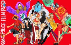 Rule 34 | 2girls, 6+boys, alternate costume, alternate hairstyle, artist request, black hair, blonde hair, blue eyes, braid, breasts, brook (one piece), cape, cleavage, closed eyes, earrings, eyelashes, franky (one piece), full body, green hair, happy, hat, highres, holding, holding weapon, hood, hoodie, jacket, jewelry, jinbe (one piece), jumping, large breasts, long hair, miniskirt, monkey d. luffy, multiple boys, multiple girls, muscular, nami (one piece), nico robin, official alternate costume, one piece, one piece film: red, open mouth, red background, roronoa zoro, sanji (one piece), scar, scar on face, short hair, shorts, skeleton, skirt, smile, straw hat, sunglasses, sword, title, tony tony chopper, twin braids, usopp, v, walking, weapon