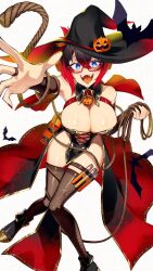 Rule 34 | 1girl, black hair, black thighhighs, blue eyes, breasts, bridal gauntlets, cleavage, cluseller, fangs, glasses, halloween, hat, large breasts, multicolored hair, open mouth, original, pelvic curtain, reaching, reaching towards viewer, red-framed eyewear, red hair, rope, semi-rimless eyewear, short hair, slit pupils, solo, teeth, test tube, thigh strap, thighhighs, two-tone hair, under-rim eyewear, white background, witch hat