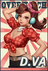 Rule 34 | 1girl, arm up, artist name, bad id, bad pixiv id, belt, belt buckle, blue pants, breasts, brown eyes, brown hair, buckle, character name, chocolazy, cleavage, collarbone, collared shirt, cruiser d.va, d.va (overwatch), earrings, facial tattoo, front-tie top, grey choker, hand in own hair, hand on own hip, head scarf, headphones, heart, heart tattoo, hoop earrings, jewelry, looking at viewer, medium breasts, medium hair, official alternate costume, outline, overwatch, overwatch 1, pants, plaid, plaid shirt, ponytail, red lips, red shirt, shirt, short sleeves, signature, smile, solo, sunburst, tattoo, upper body