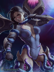 Rule 34 | 1girl, black gloves, breasts, clenched hand, collarbone, cowboy shot, gloves, grey leotard, hand up, highres, kai&#039;sa, large breasts, league of legends, legs apart, leotard, monster, purple background, restrained, solo, star (symbol), starry background, teeth, tentacles, themaestronoob, watermark, web address, wings