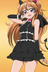 Rule 34 | 10s, 1girl, bat wings, black skirt, blue eyes, brown hair, demon tail, frilled skirt, frills, horns, houjou hibiki, long hair, looking at viewer, oimanji, open mouth, precure, skirt, solo, suite precure, tail, two side up, wings