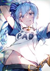 Rule 34 | arm behind head, belt, black belt, black choker, blue bow, blue eyes, blue hair, blush, bow, choker, clenched teeth, clothes writing, hair bow, hololive, hoshimachi suisei, long hair, looking at viewer, midriff peek, redcomet, short sleeves, side ponytail, smile, solo, star (symbol), star choker, star in eye, striped, striped bow, symbol in eye, teeth, virtual youtuber