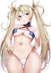 Rule 34 | 1girl, absurdres, adapted costume, bad id, bad twitter id, bare arms, bare shoulders, bikini tug, blonde hair, blue eyes, blush, bradamante (fate), braid, breasts, cameltoe, cleavage, cowboy shot, criss-cross halter, fate/grand order, fate (series), groin, hair between eyes, halterneck, head tilt, highres, large breasts, long hair, looking at viewer, navel, sidelocks, simple background, smile, solo, stomach, thighs, twintails, very long hair, white background, yayoichi (yoruyoru108)