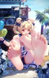 Rule 34 | 1girl, absurdres, arknights, barefoot, beach, blonde hair, clothes between thighs, covering own mouth, day, feet, foot focus, foreshortening, gummy (arknights), gummy (summer flowers) (arknights), hair ribbon, hand over own mouth, hat, highres, icecake, legs, no shoes, official alternate costume, outdoors, red eyes, ribbon, short hair, sitting, skirt, soles, solo, toes