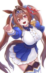 Rule 34 | 1girl, ahoge, animal ears, arm up, black thighhighs, blue gemstone, blue jacket, blue skirt, blush, boots, bow, bowtie, breasts, brown hair, buttons, daiwa scarlet (umamusume), detached collar, dress, fang, fingernails, frills, fur trim, garter belt, gem, hair between eyes, hair bow, hair ornament, hand on own hip, highres, horse ears, horse girl, horse tail, jacket, juliet sleeves, lapels, large breasts, long fingernails, long hair, long sleeves, looking at viewer, looking up, open clothes, open jacket, open mouth, pointing, puffy sleeves, purple bow, purple bowtie, red bow, red eyes, sidelocks, simple background, skirt, smile, solo, standing, tail, teeth, thigh boots, thighhighs, tiara, tongue, twintails, umamusume, white background, white dress, white footwear, wing collar, yuggug