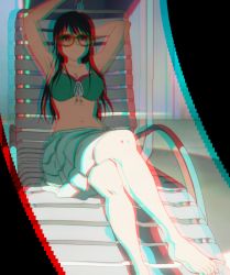 Rule 34 | 10s, absurdres, anaglyph, black hair, breasts, cleavage, food, highres, kyoukai no kanata, nase mitsuki, navel, popsicle, red eyes, sunglasses, swimsuit