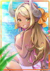 Rule 34 | 1girl, :d, ass, beach, bikini, bikini bottom only, bikini tan, blonde hair, blue sky, blush, breasts, cloud, covering privates, covering breasts, day, draph, fang, granblue fantasy, highres, horn ornament, horn ribbon, horns, kumbhira (granblue fantasy), large breasts, long hair, looking at viewer, looking back, multicolored hair, ocean, open mouth, outdoors, parted bangs, pilokey, pink hair, plaid, plaid ribbon, pointy ears, ribbon, sitting, sky, smile, solo, swimsuit, tan, tanline, topless, two-tone hair, very long hair, white bikini, yellow eyes, yellow ribbon