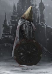 Rule 34 | 1boy, alfred (bloodborne), artist name, blood, blood on clothes, bloodborne, cape, castle, cloak, commentary, copyright name, full body, gloves, gun, helmet, highres, holding, holding weapon, logarius wheel, male focus, snow, solo, standing, tripdancer, weapon