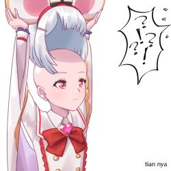 Rule 34 | 1girl, animal ears, bald, bald girl, bow, brooch, collared shirt, granblue fantasy, hair bow, hair ornament, hairclip, hand up, heart, heart brooch, jewelry, long hair, long sleeves, mouse ears, red bow, red eyes, shirt, silver hair, simple background, sleeves past wrists, speech bubble, tian nya, unworn headwear, unworn wig, vikala (granblue fantasy), what, white background, white shirt, wig